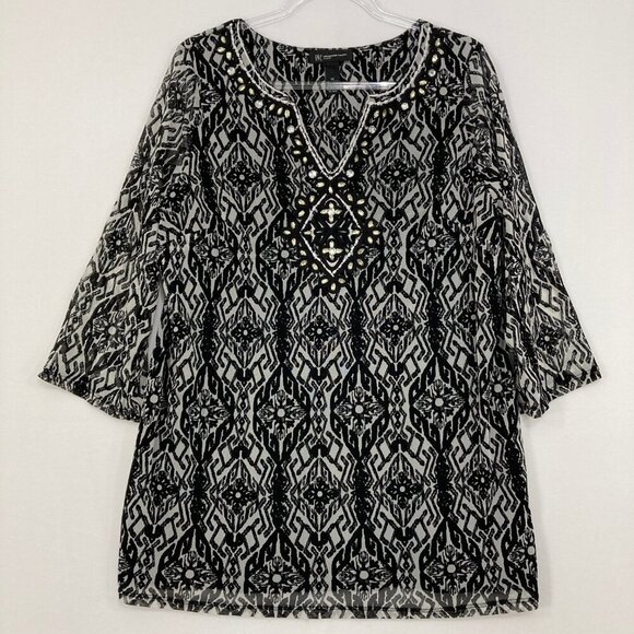 INC International Concepts 1X Black White Artsy Mesh Stretch Embellished Blouse - Picture 1 of 11